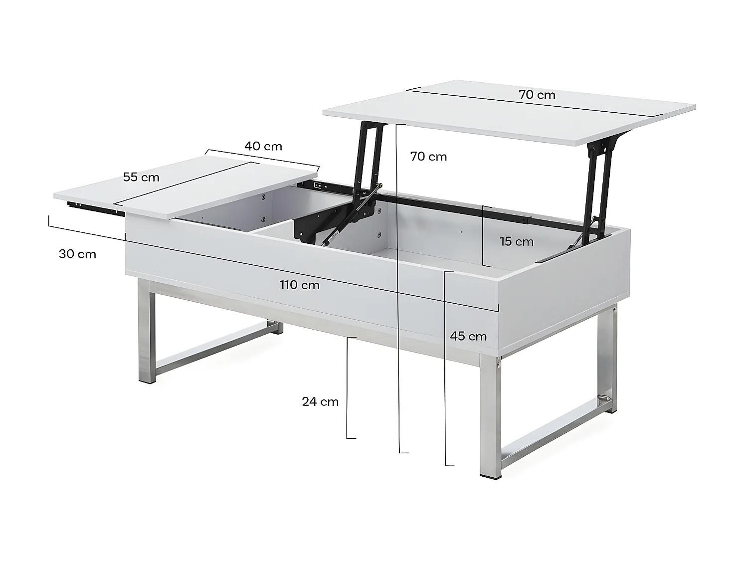 Table basse plateau relevable FLOWER 110x55cm /Blanc et métal chromé
