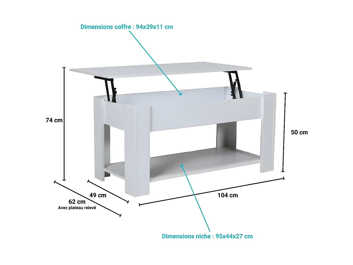 Table basse plateau relevable UTAH 100x50cm / Blanc