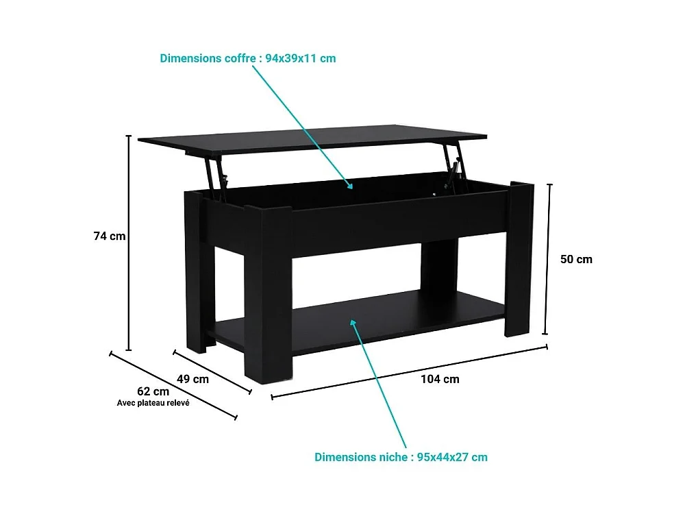 Table basse plateau relevable UTAH 100x50cm / Noir