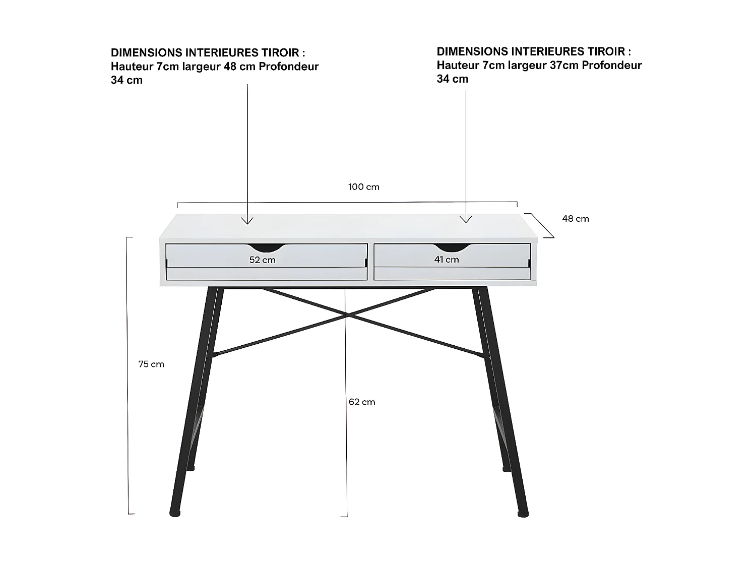 Bureau BOSTON 100 x 48 cm/ Blanc et métal noir