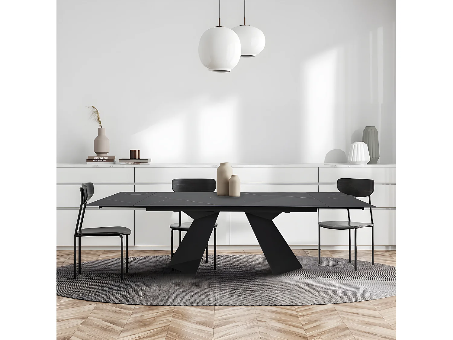 Table à manger extensible en pierre PALACIO 160x90cm + 2 allonges de 40cm - 10 personnes / Noir effet marbre