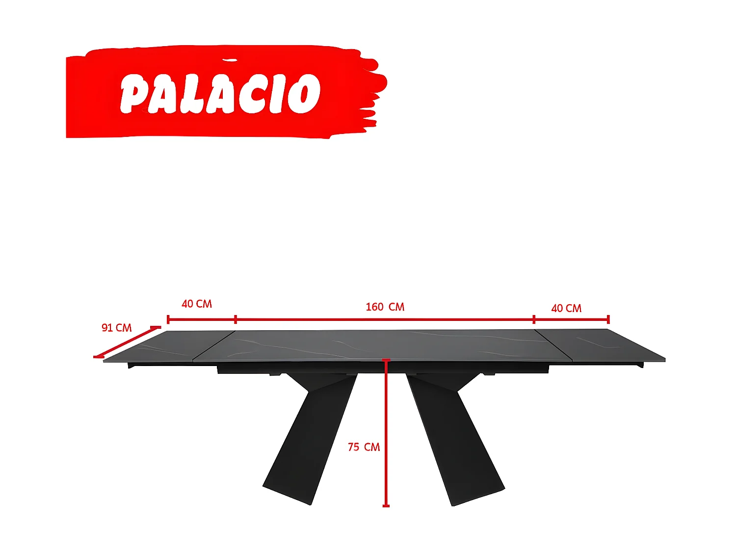 Table à manger extensible en pierre PALACIO 160x90cm + 2 allonges de 40cm - 10 personnes / Noir effet marbre