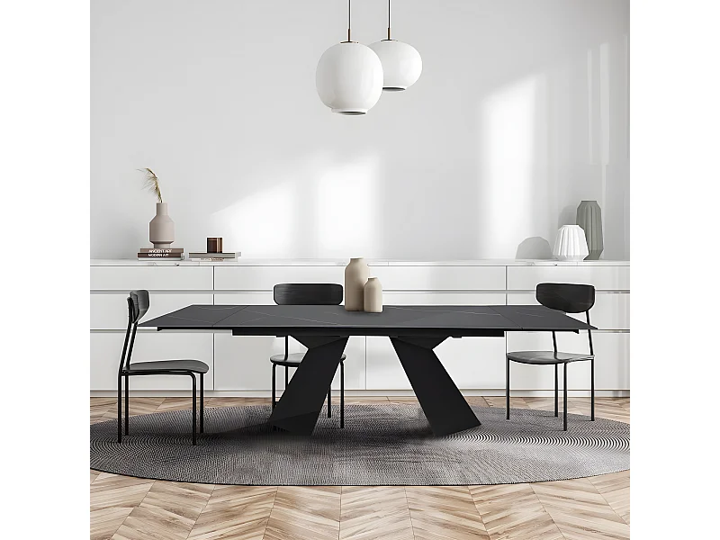 Table à manger extensible en pierre PALACIO 160x90cm + 2 allonges de 40cm - 10 personnes / Noir effet marbre