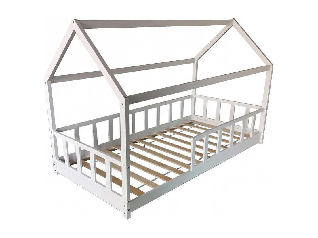 Lit cabane Kiwi 90x200 + 1 sommier + barrière /Blanc