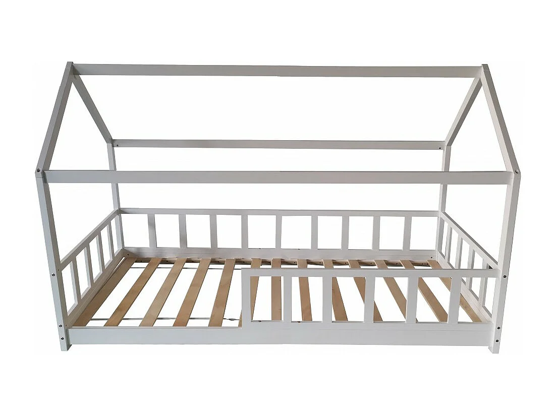 Lit cabane Kiwi 90x200 + 1 sommier + barrière /Blanc