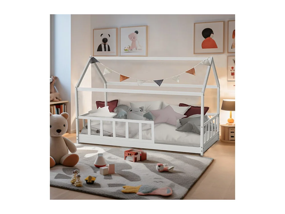 Lit cabane Kiwi 90x200 + 1 sommier + barrière /Blanc