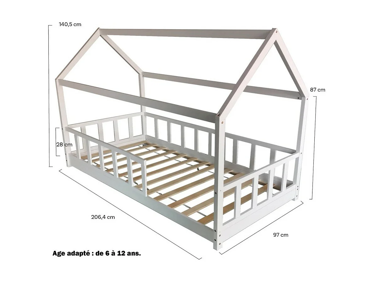 Lit cabane Kiwi 90x200 + 1 sommier + barrière /Blanc