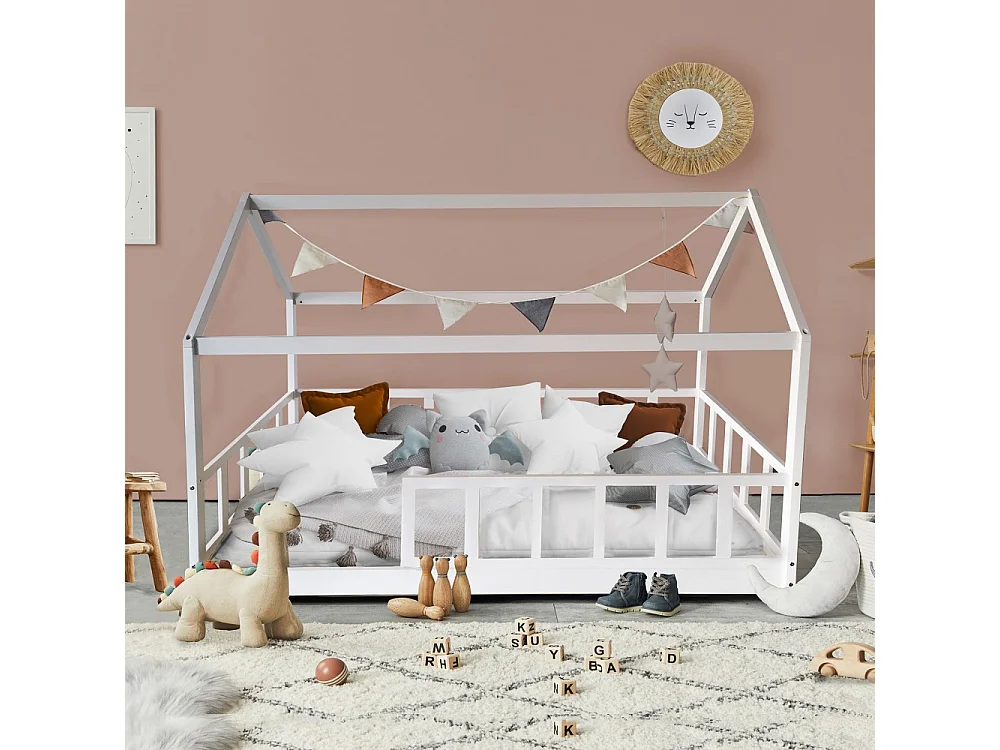 Lit cabane Kiwi 90x200 + 1 sommier + barrière /Blanc