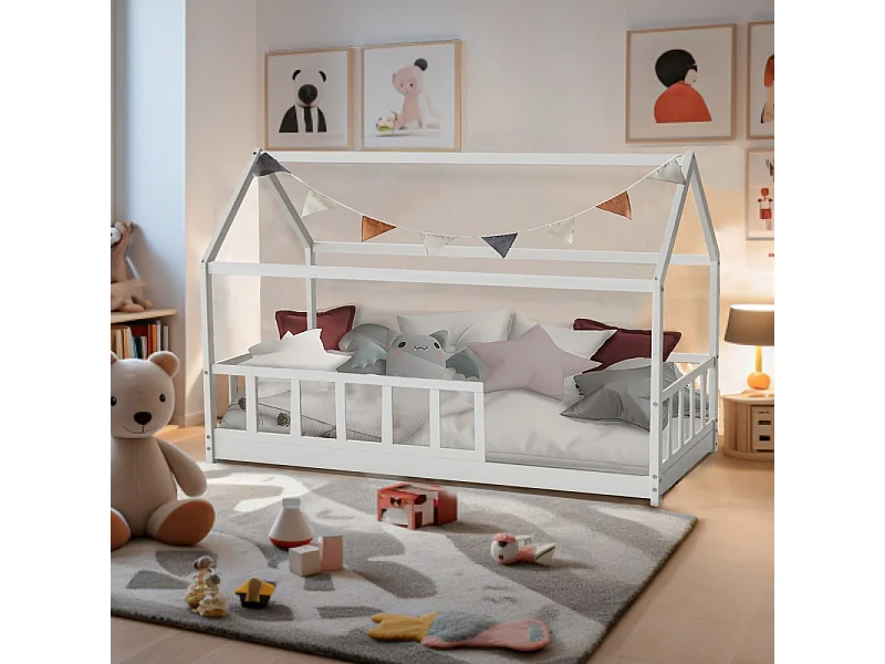 Lit cabane Kiwi 90x200 + 1 sommier + barrière /Blanc