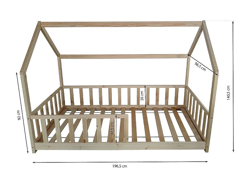 Lit cabane Kiwi 90x190 + 1 sommier + barrière /Naturel