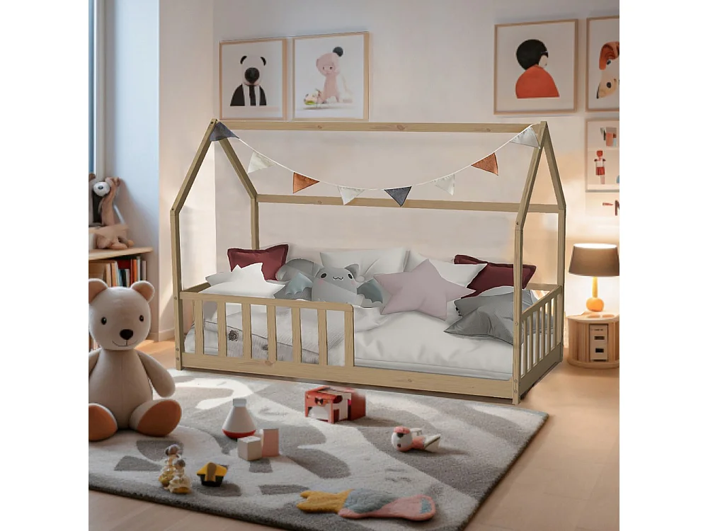 Lit cabane Kiwi 90x190 + 1 sommier + barrière /Naturel