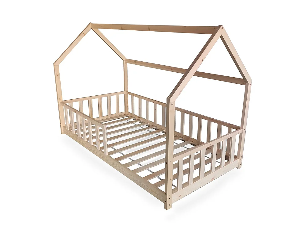 Lit cabane Kiwi 90x190 + 1 sommier + barrière /Bois clair