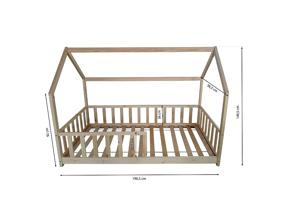 Lit cabane Kiwi 90x190 + 1 sommier + barrière /Bois clair