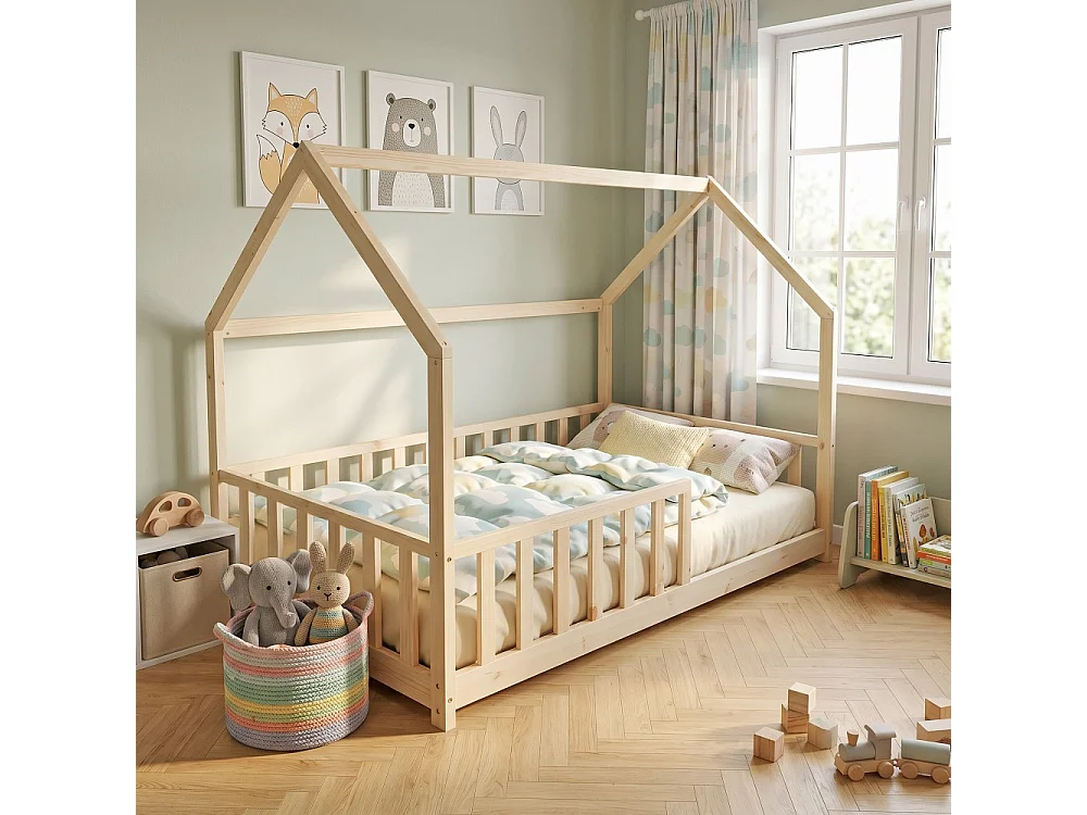 Lit cabane Kiwi 90x190 + 1 sommier + barrière /Bois clair