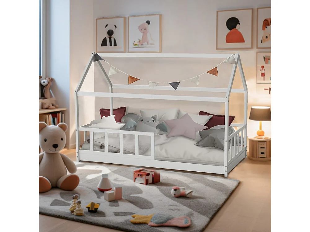 Lit cabane Kiwi 90x190 + 1 sommier + barrière /Blanc