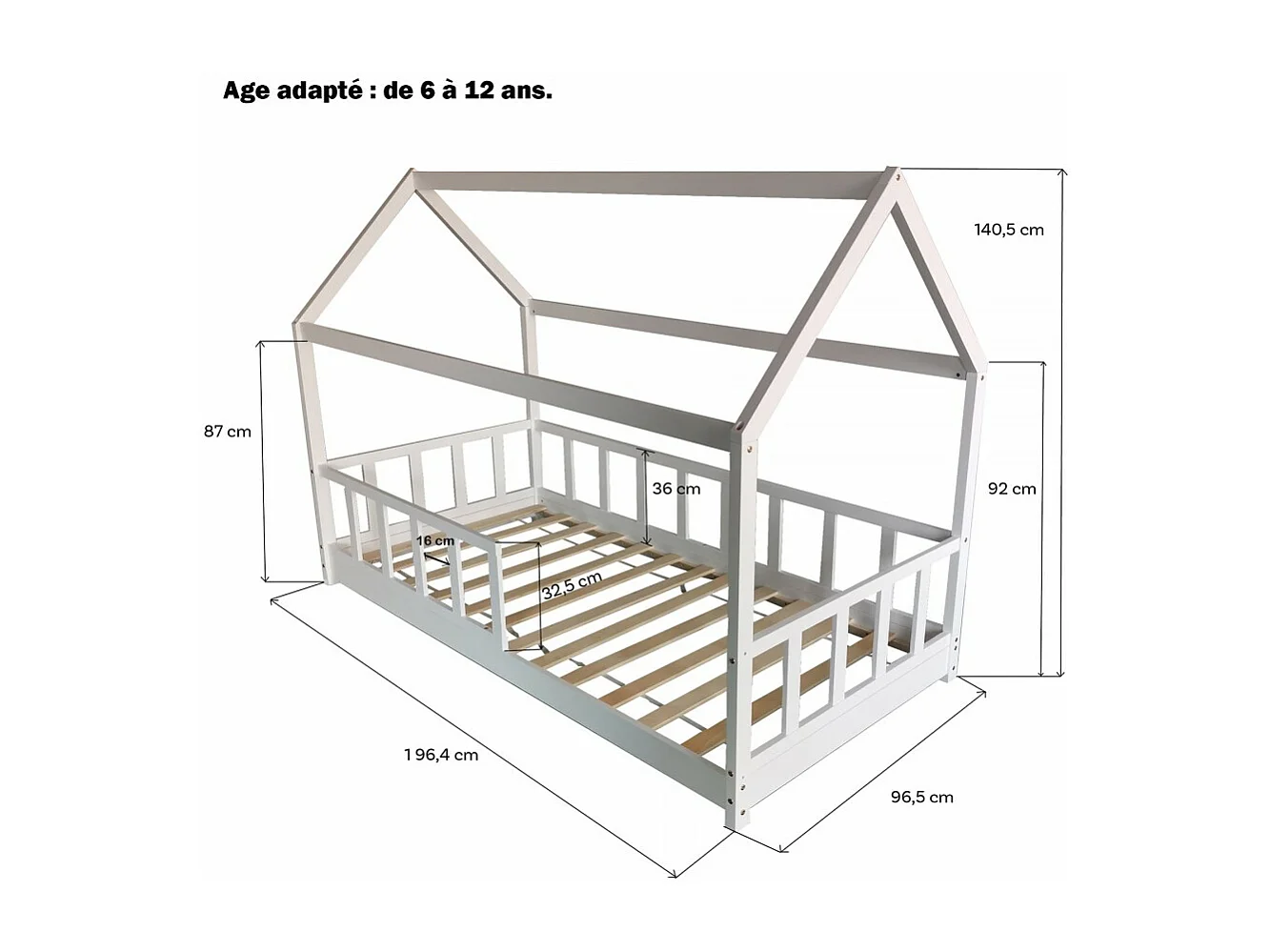 Lit cabane Kiwi 90x190 + 1 sommier + barrière /Blanc