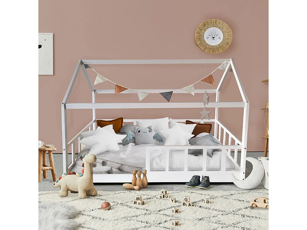 Lit cabane Kiwi 90x190 + 1 sommier + barrière /Blanc