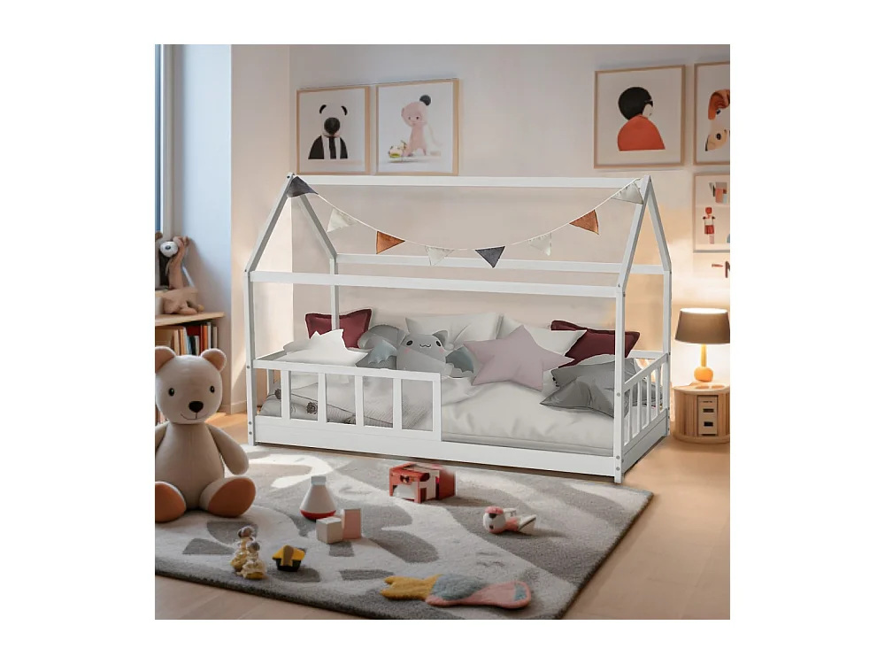 Lit cabane Kiwi 90x190 + 1 sommier + barrière /Blanc