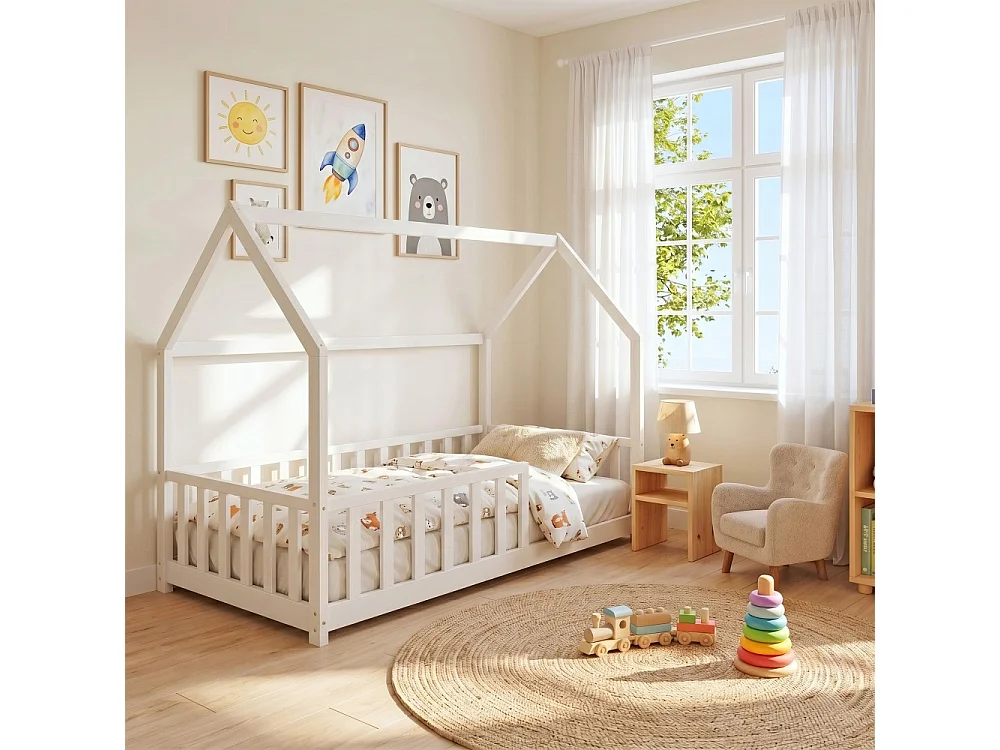 Lit cabane Kiwi 90x190 + 1 sommier + barrière /Blanc