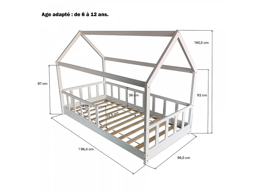 Lit cabane Kiwi 90x190 + 1 sommier + barrière /Blanc