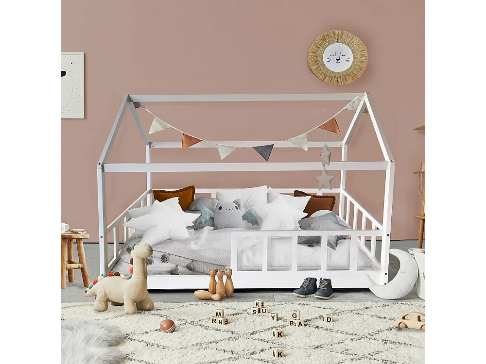 Lit cabane Kiwi 90x190 + 1 sommier + barrière /Blanc