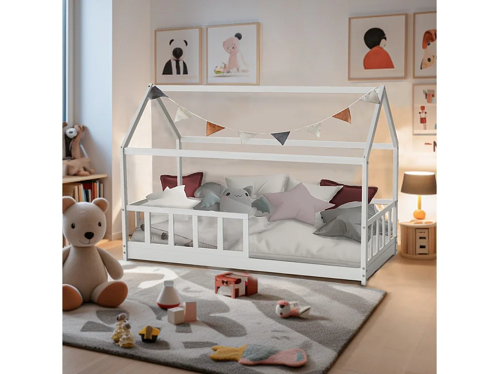 Lit cabane Kiwi 90x190 + 1 sommier + barrière /Blanc
