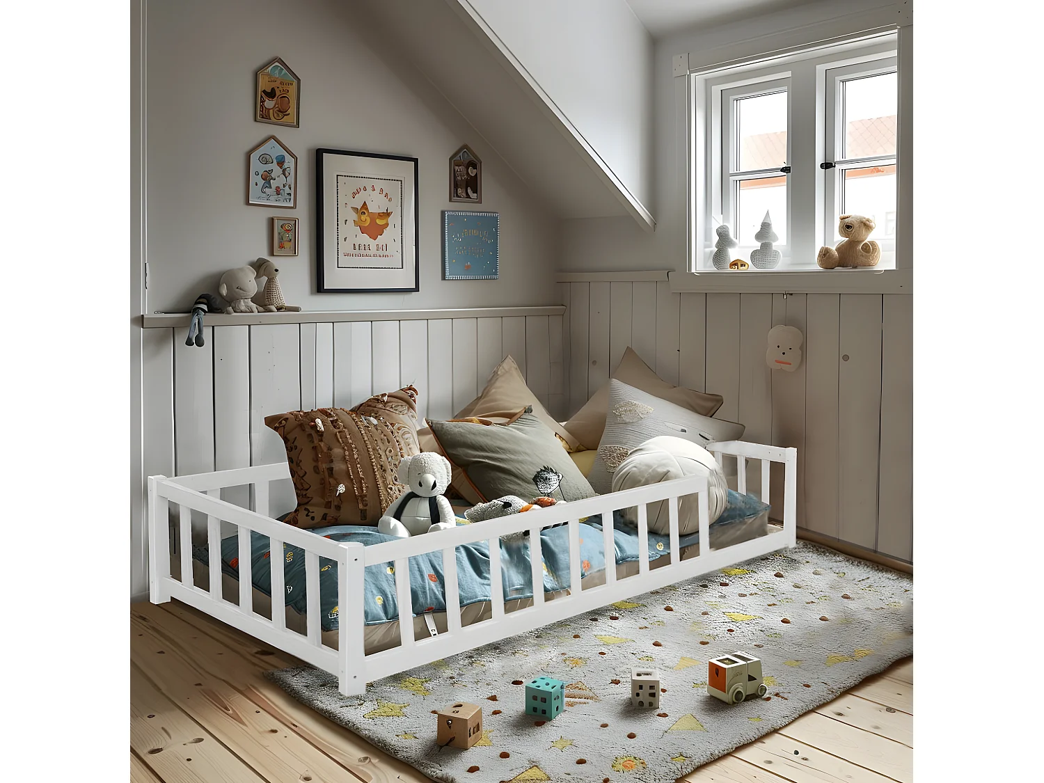 Lit NINO 90x190 + 1 sommier + barrière / Blanc