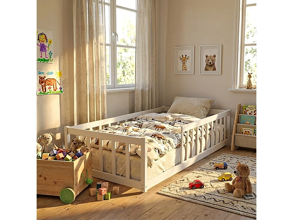 Lit NINO 90x190 + 1 sommier + barrière / Blanc