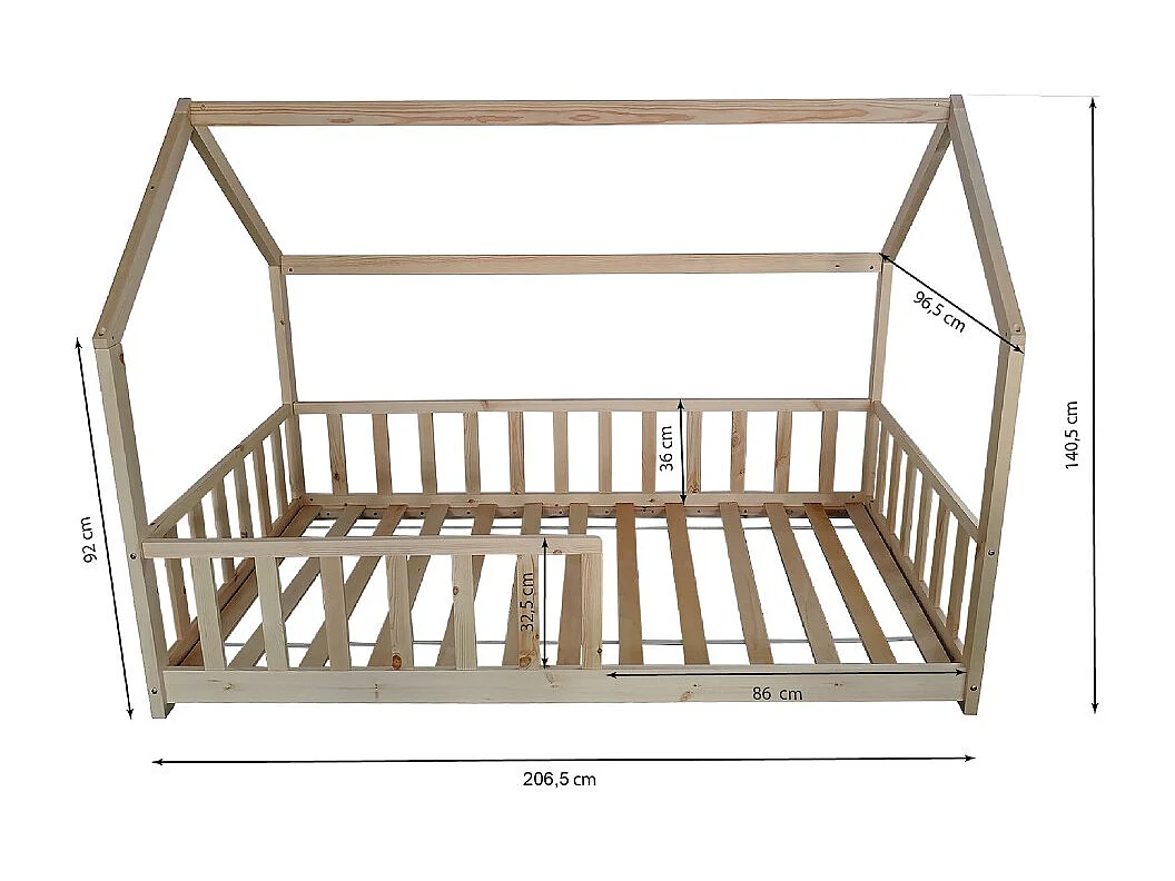 Lit cabane Kiwi 90x200 + 1 sommier + barrière /Naturel