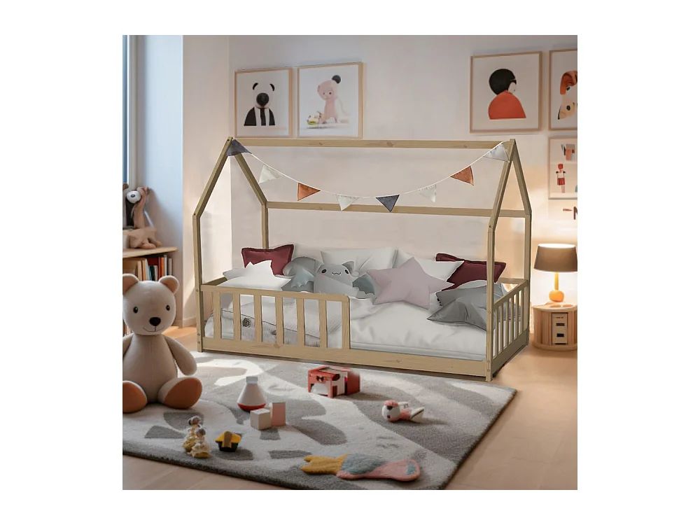 Lit cabane Kiwi 90x200 + 1 sommier + barrière /Naturel
