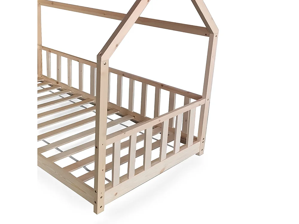 Lit cabane Kiwi 90x200 + 1 sommier + barrière /Bois clair