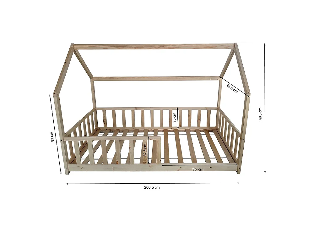 Lit cabane Kiwi 90x200 + 1 sommier + barrière /Bois clair