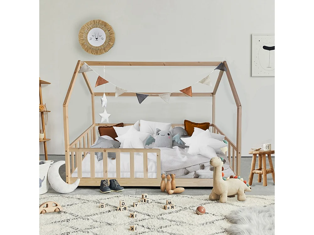 Lit cabane Kiwi 90x200 + 1 sommier + barrière /Bois clair