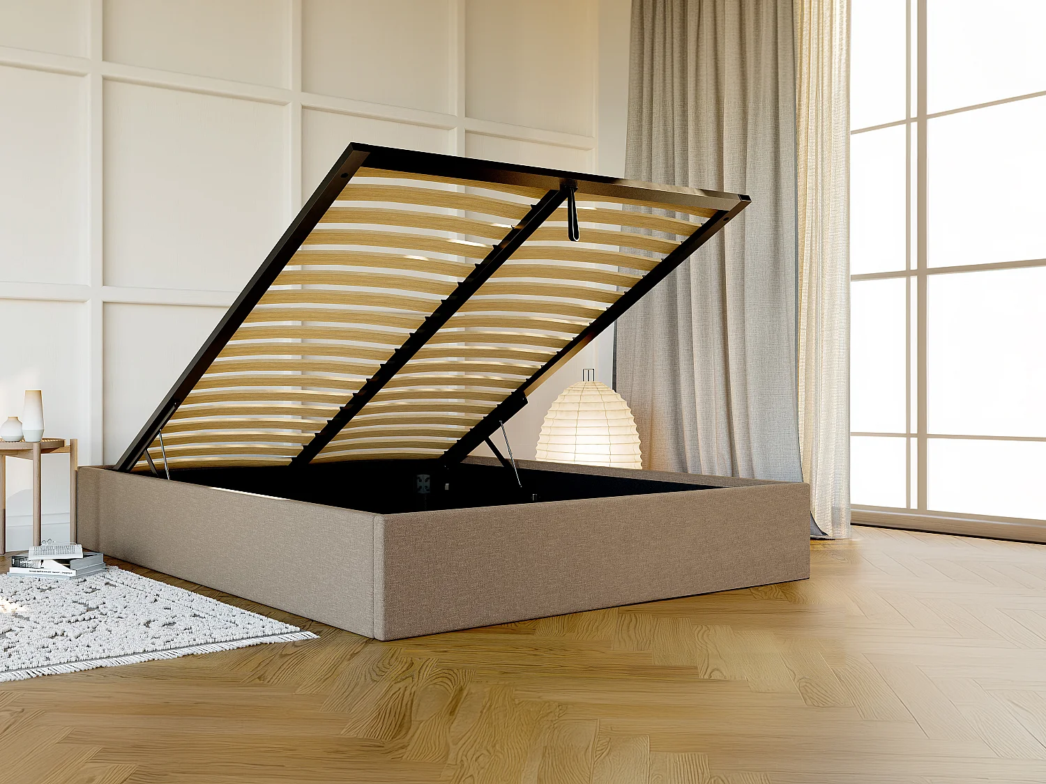 Bettgestell mit Bettkasten - 140 x 190 cm - Stoff - Taupe - PONTOS von YSMÉE