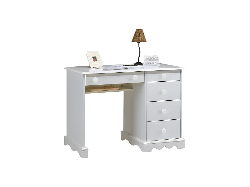 Bureau 1 Caisson 5 Tiroirs Blanc 1 Etagère Style Anglais L 100 H 74.7 P 58.3 cm