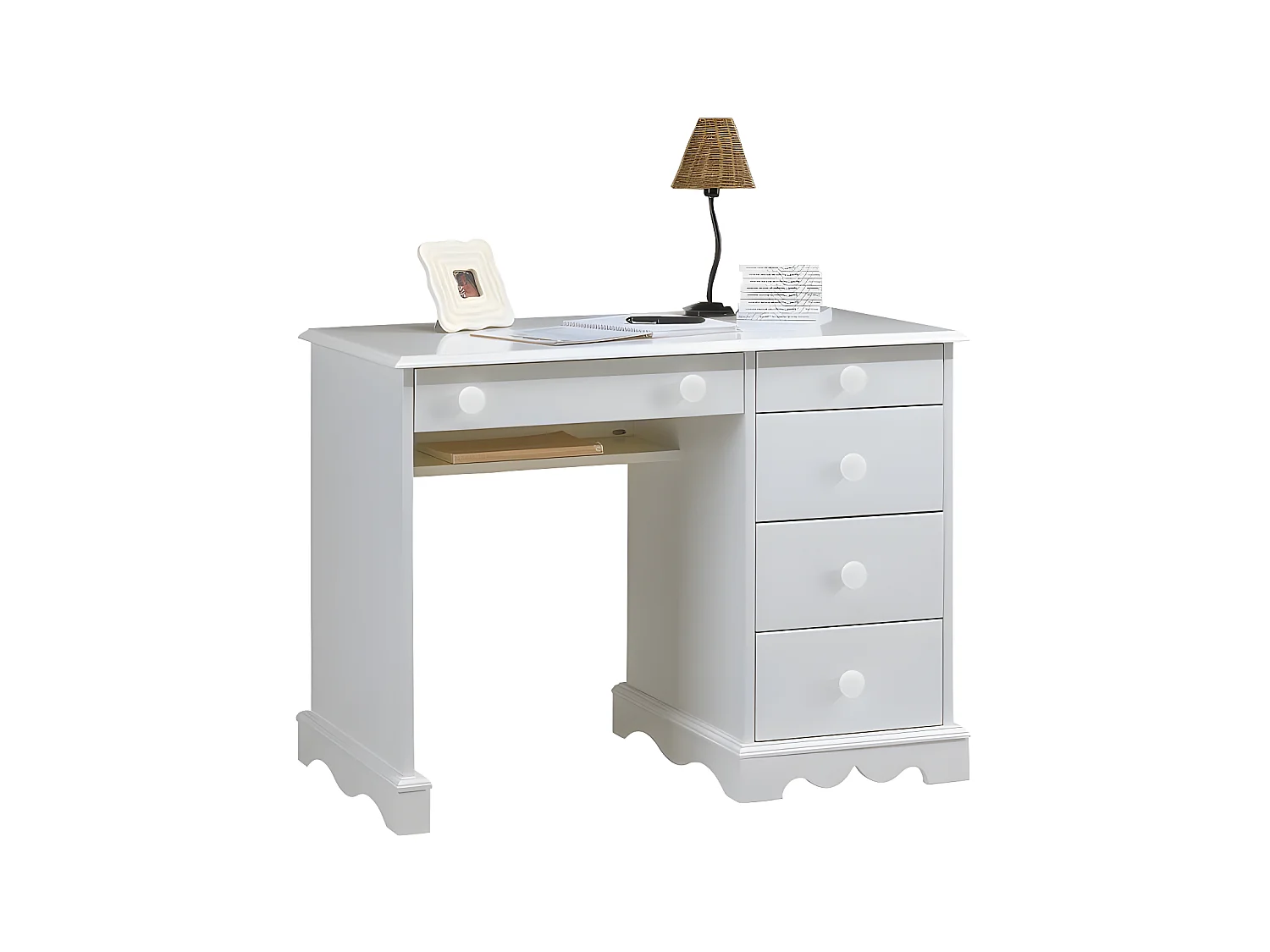 Bureau 1 Caisson 5 Tiroirs Blanc 1 Etagère Style Anglais L 100 H 74.7 P 58.3 cm
