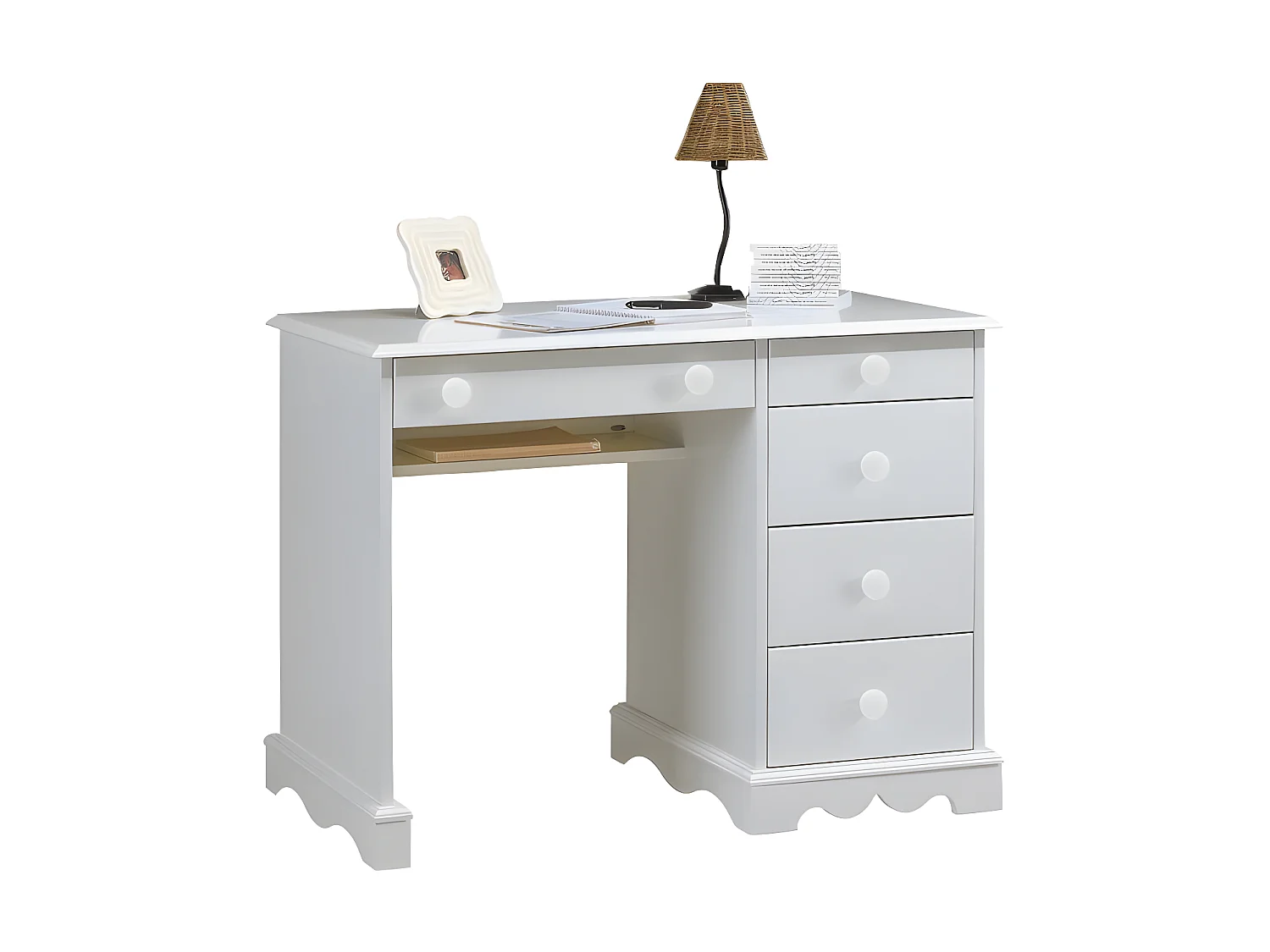 Bureau 1 Caisson 5 Tiroirs Blanc 1 Etagère Style Anglais L 100 H 74.7 P 58.3 cm