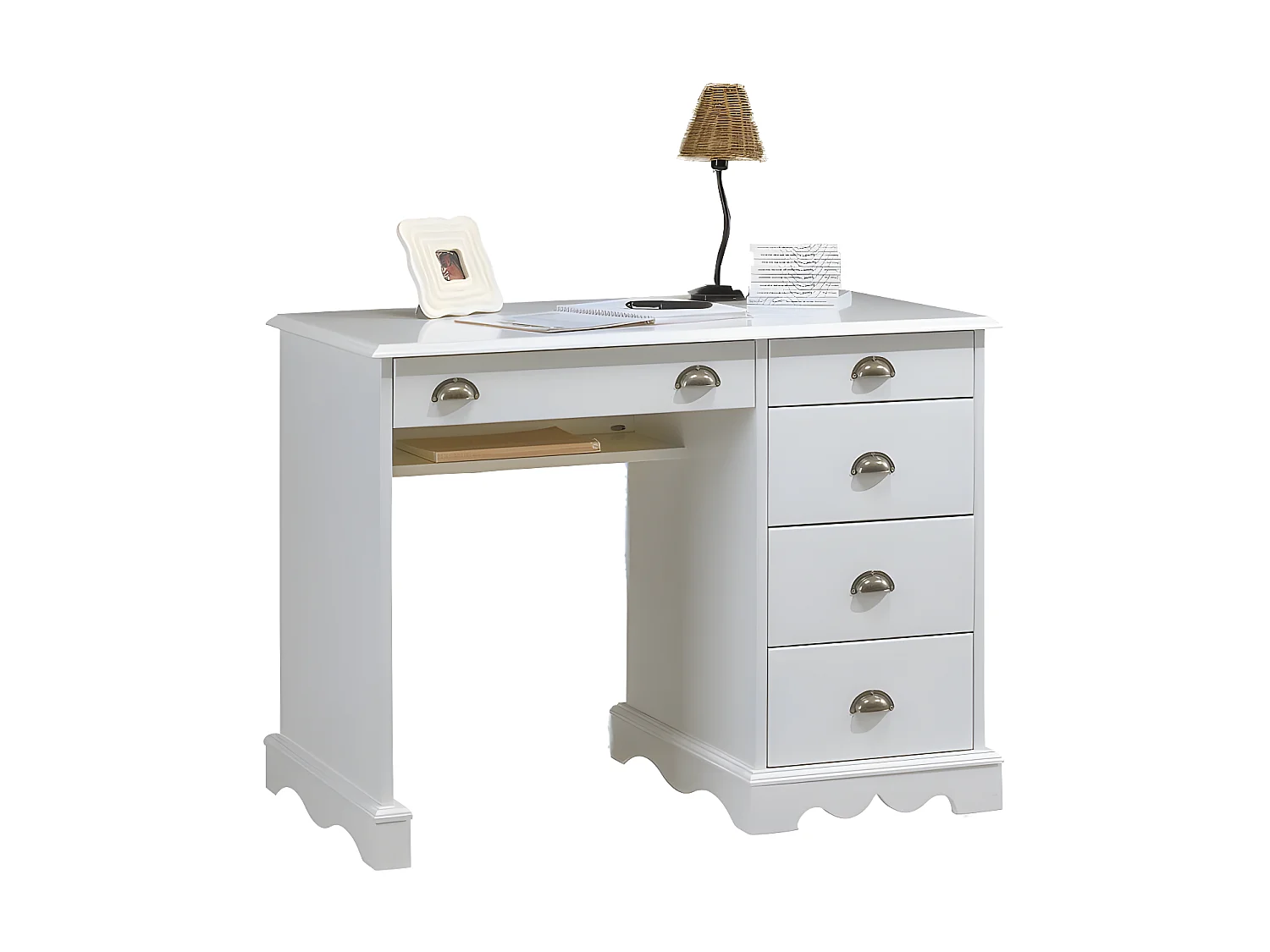 Bureau 1 Caisson 5 Tiroirs Blanc 1 Etagère Style Anglais L 100 H 74.7 P 58.3 cm