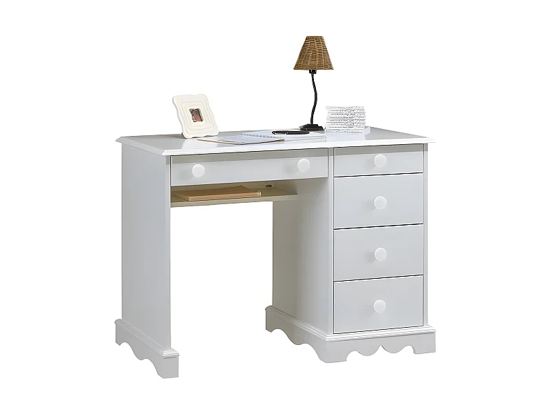 Bureau 1 Caisson 5 Tiroirs Blanc 1 Etagère Style Anglais L 100 H 74.7 P 58.3 cm