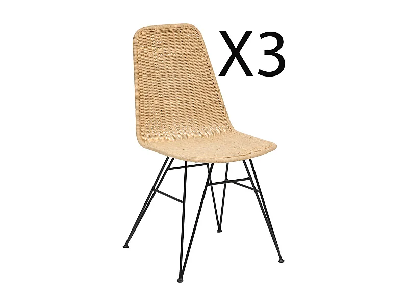Lot de 3 chaises de salle à manger en bois de rotin coloris beige et pieds coloris noir