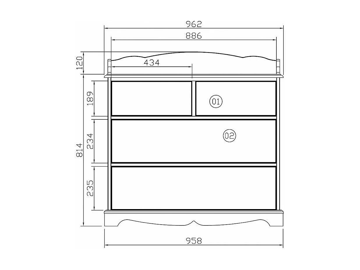 Commode 4 Tiroirs Blanche Style Anglais avec Crédence L 96 H 91.6 P 42 cm