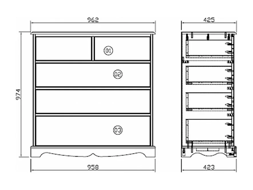 Commode 5 Tiroirs Pin Miel de Style Anglais L 96.2 H 97.4 P 42.5 cm