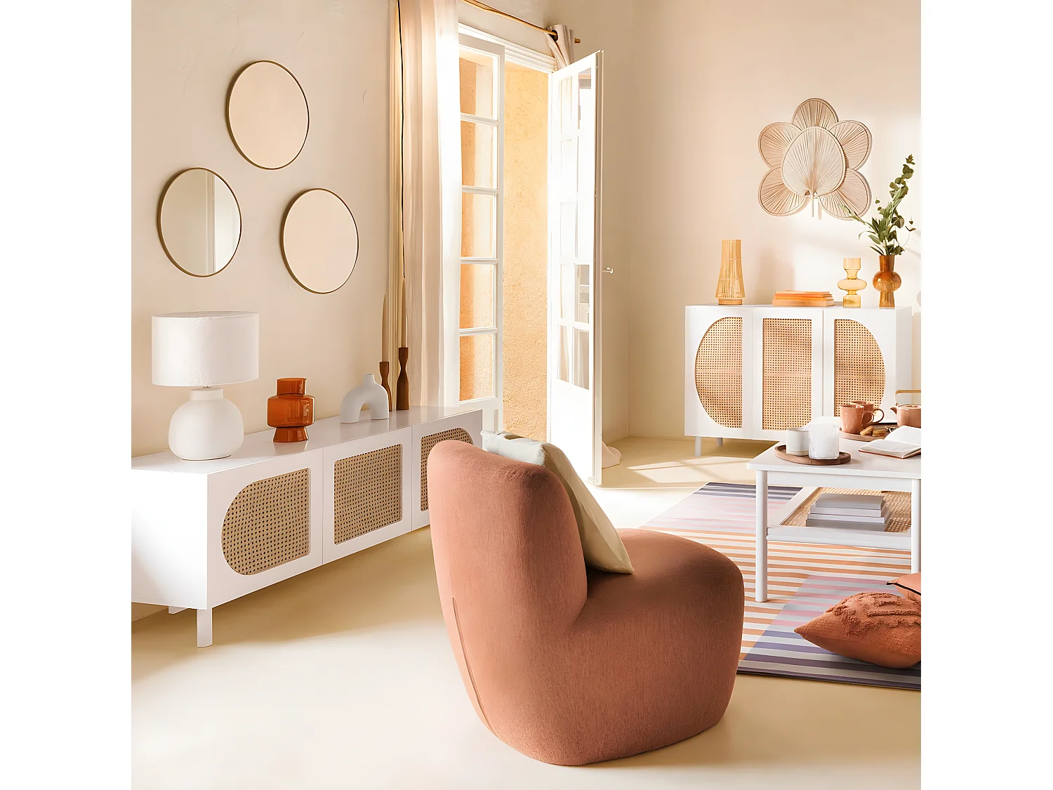 Chauffeuse, canapé avec 1 place en tissu coloris Terracotta et bois