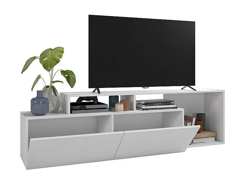 Meuble TV 50 Pouces 2 Abattants Blanc 6 Niches L 164 H 46.5 P 37.5 cm