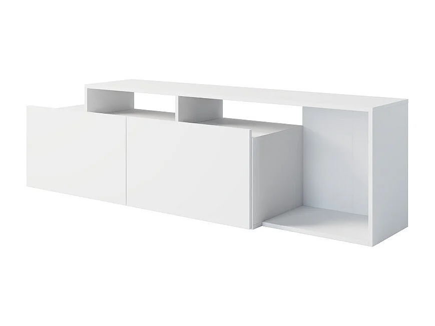 Meuble TV 50 Pouces 2 Abattants Blanc 6 Niches L 164 H 46.5 P 37.5 cm