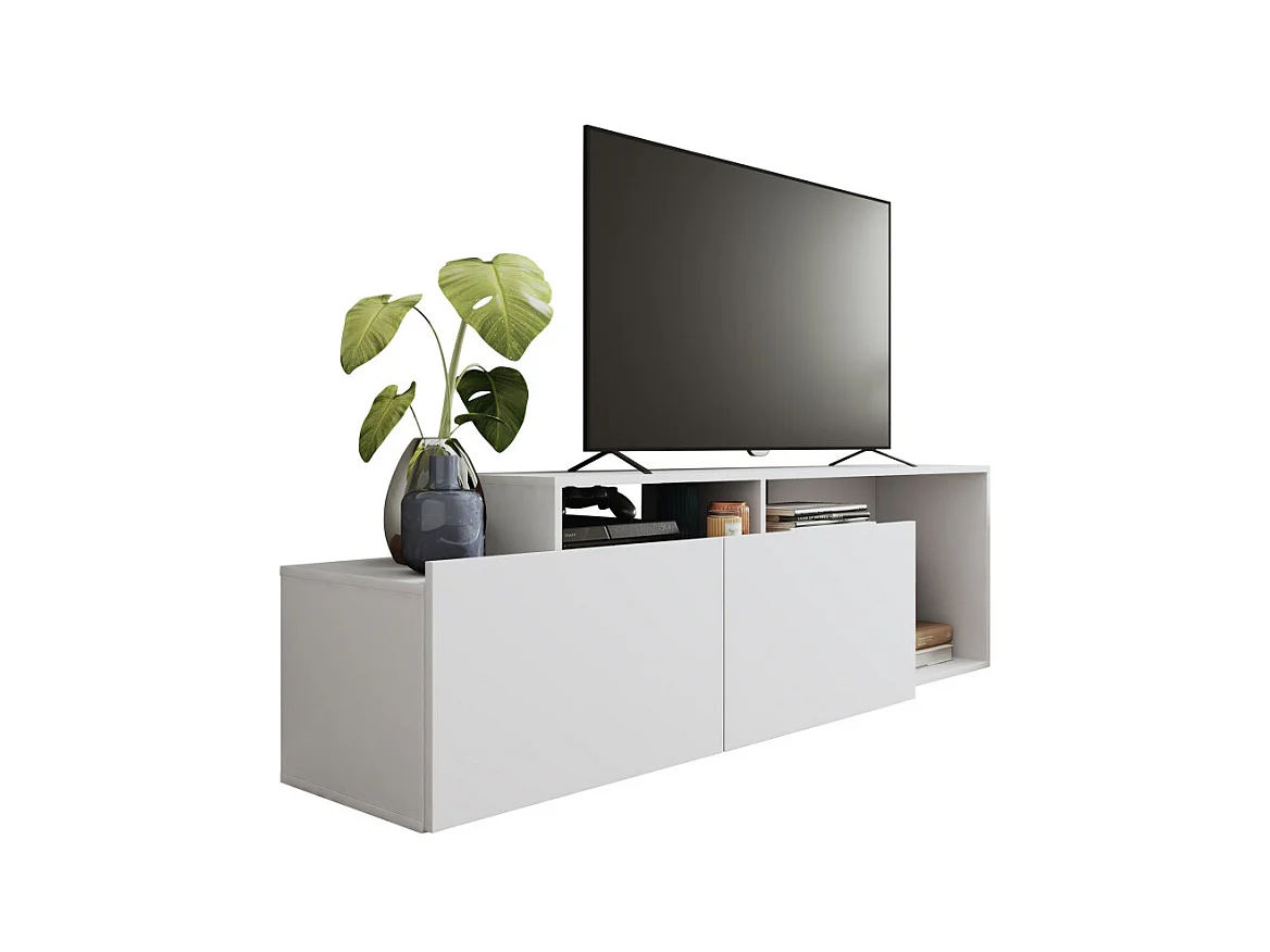Meuble TV 50 Pouces 2 Abattants Blanc 6 Niches L 164 H 46.5 P 37.5 cm