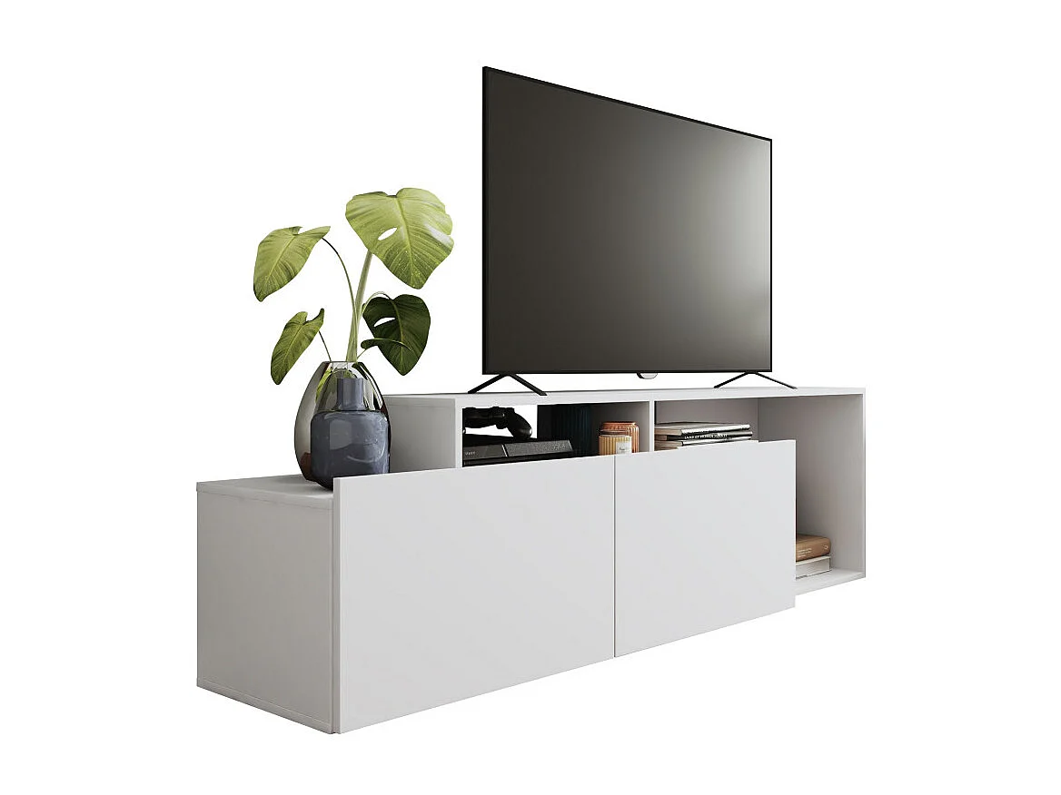 Meuble TV 50 Pouces 2 Abattants Blanc 6 Niches L 164 H 46.5 P 37.5 cm