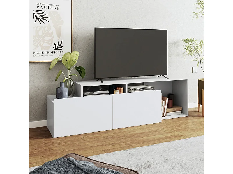 Meuble TV 50 Pouces 2 Abattants Blanc 6 Niches L 164 H 46.5 P 37.5 cm