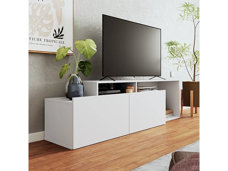 Meuble TV 50 Pouces 2 Abattants Blanc 6 Niches L 164 H 46.5 P 37.5 cm