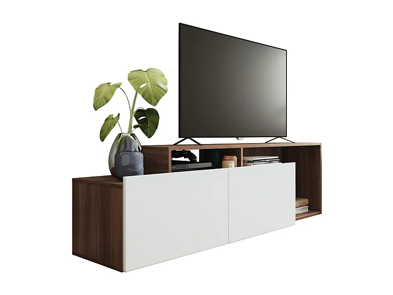 Meuble TV 50 Pouces 2 Abattants Blanc et Châtaignier L 164 H 46.5 P 37.5 cm